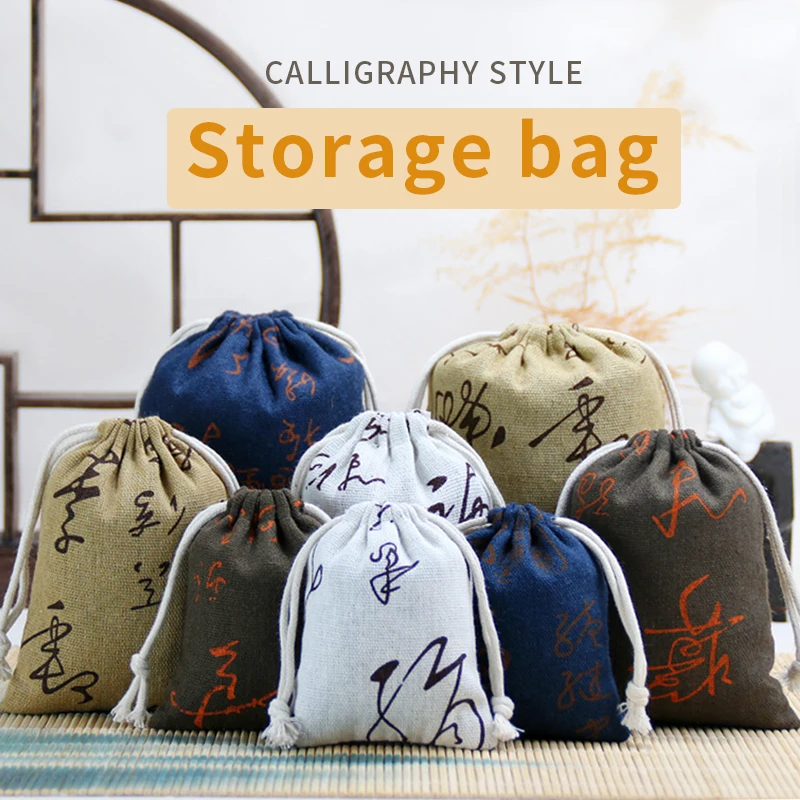 Personality Cotton Sacks Ethnic Style Calligraphy Style Drawstring Pockets Empty Bags Small Medium Large Size Home Jewelry Bags