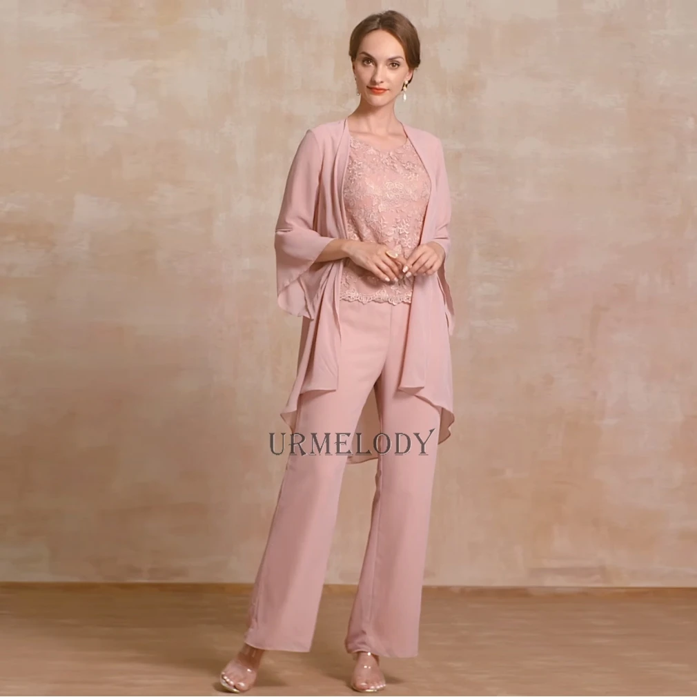 

Pink Chiffon Mother of the Bride Pant suits with Jacket Three piece Trousers Outfit