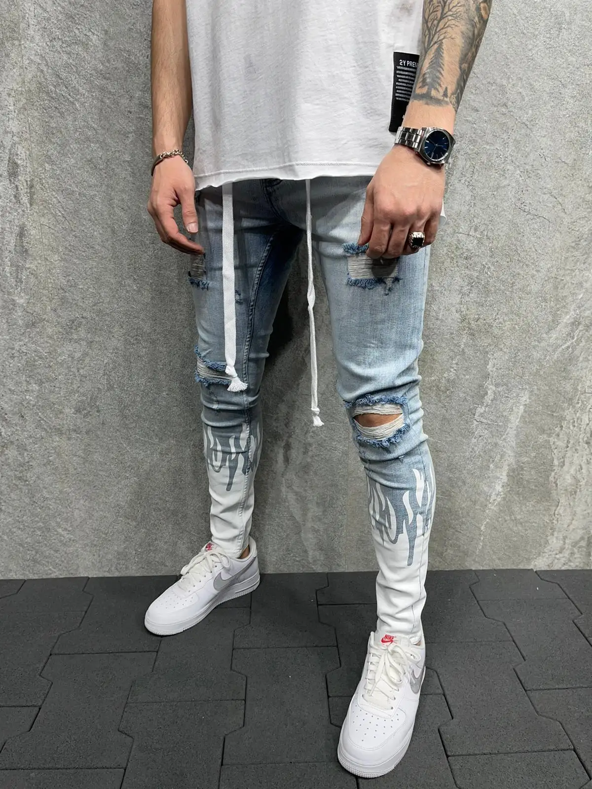 New Fashion Mens Jeans Flame Print Fashion Personalized Denim Pants Men Lace-up Slim Hole Jeans Casual Plus Size Pencil Pants