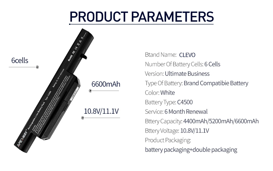 Apexway 6 ячеек ноутбук Батарея для CLEVO C4500BAT-6 BAT-B5105M C4100 C4500 C4500Q C4501 6-87-C480S-4P4 KB15030 W150ER 4505 W150