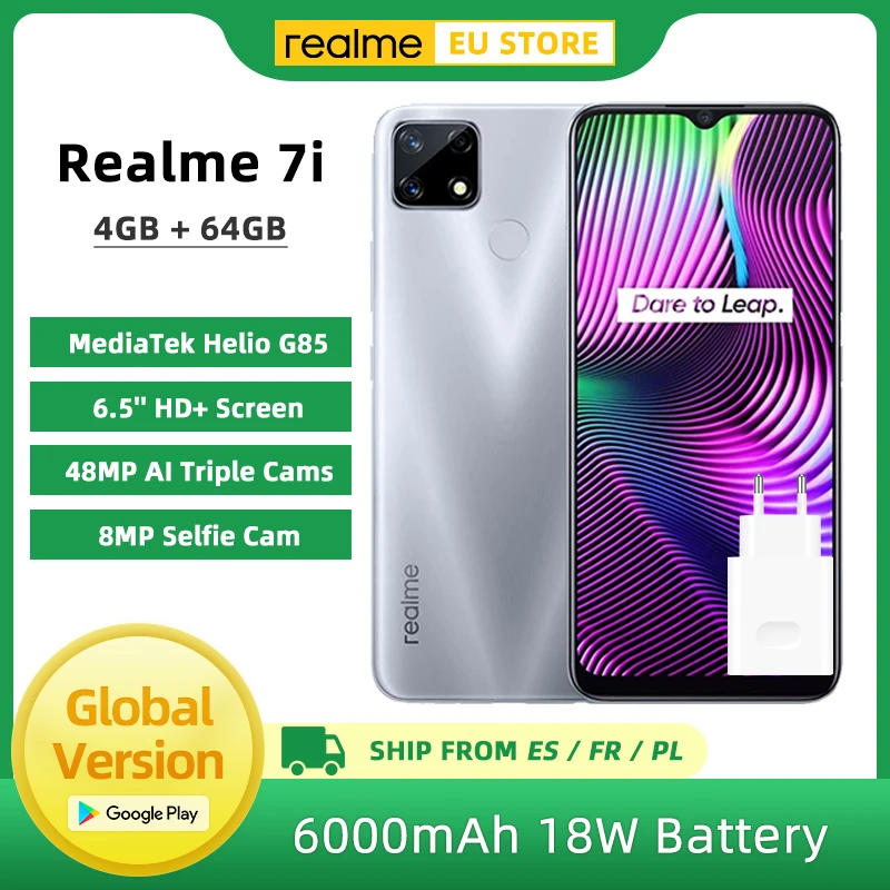 Global Version Realme 7i Smartphone 4GB RAM 64GB ROM MTK Helio G85 6.5'' Screen 48MP AI Triple Camera 18W Fast Charging 6000mAh