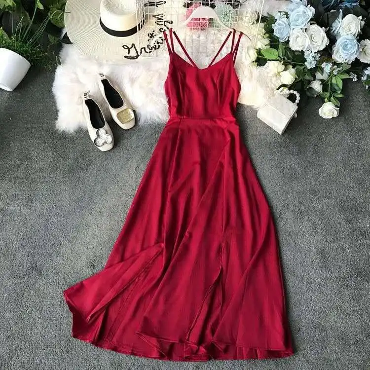 

Sexy Split Suspender dress French Long Skirt Halter Summer Beach skirt Female Dress