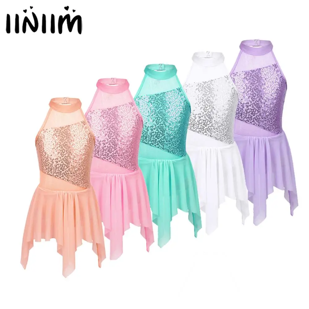 

Kids Girls Lyrical Modern Ballet Tutu Dance Dress Sleeveless Cutout Back Holographic Gymnastics Ballroom Skating Dress Costumes