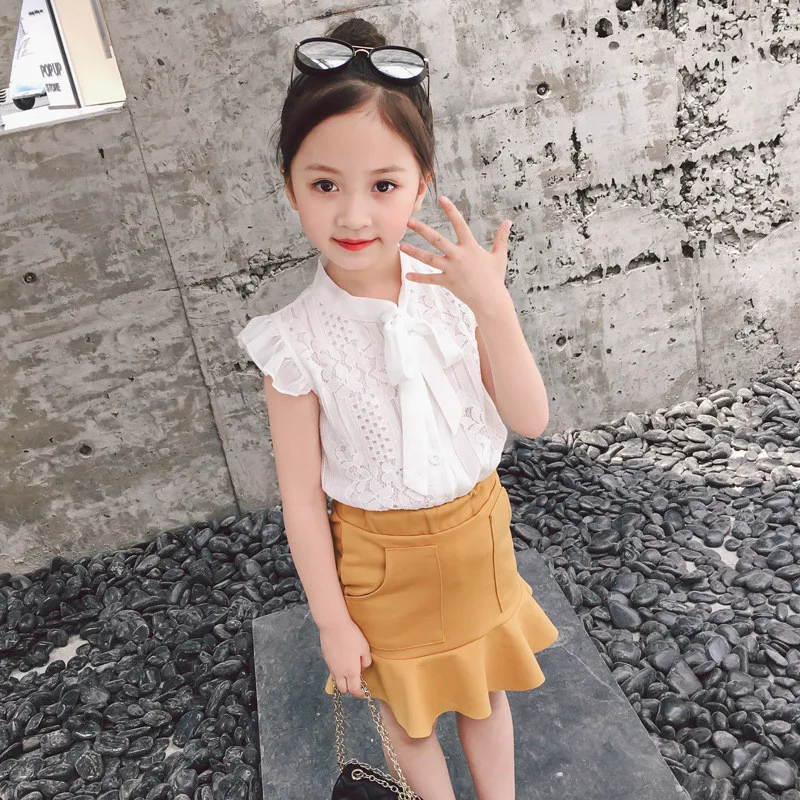 Детская одежда костюм новинка 2019 платье в Корейском стиле кружевное летнее с
