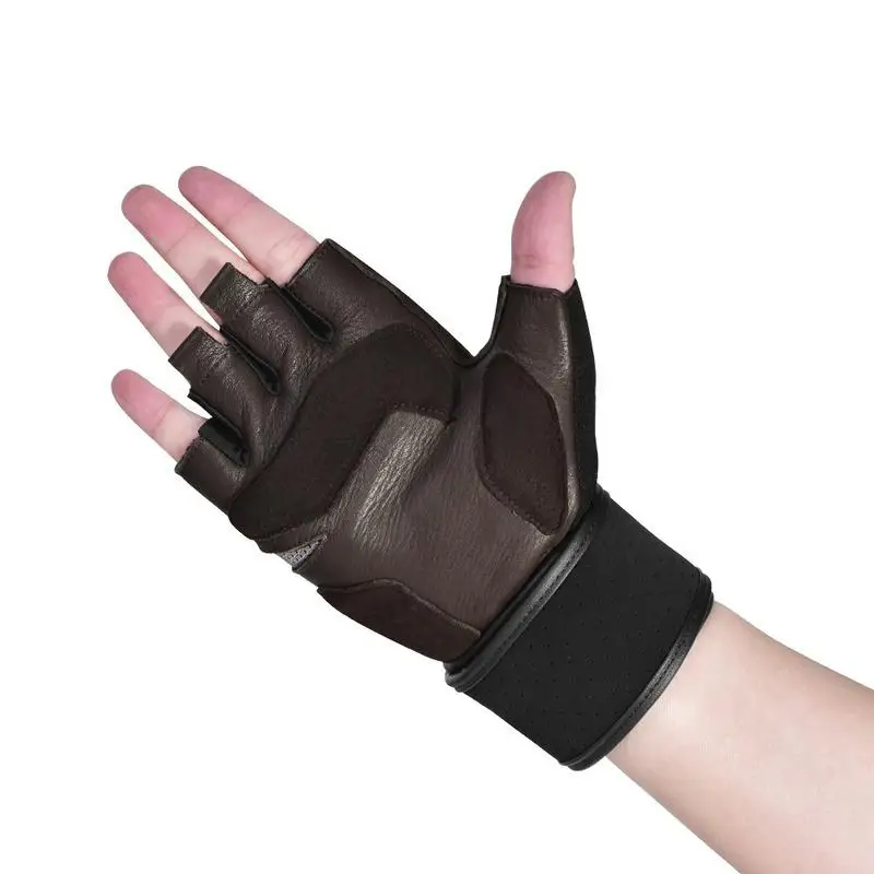 

Leather Gym Gloves Men Extended Wrist Belt Half Finger Dumbbell Weight Lifting Fitness Gloves Deerskin Workout Sports Gloves