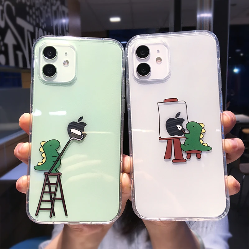 

Funny Cute Cartoon Dinosaur Clear Phone Case For iPhone 13 Pro Max 12 Mini 11 X XS XR 7 8 Plus Couple Transparent Soft TPU Cover