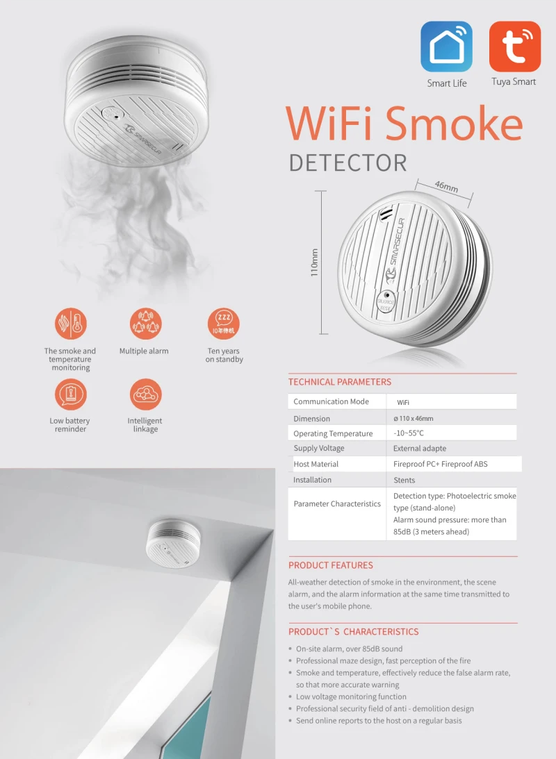 

Tuya WIFI Smoke Detector Home Security Photoelectric Smoke Fire Detector Battery Not Included Work With Google Alexa Home