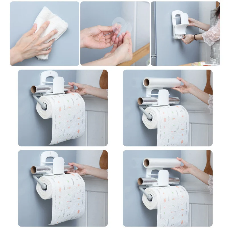 

Multi-Fucntion Kitchen Roll Paper Shelf Wrap Film Holder Bathroom Toilet Tissue Shelf Organizer Kitchen Storage Rack Adjustable