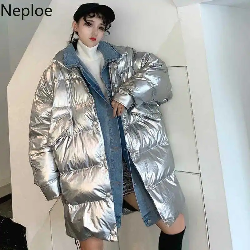Neploe модная зимняя Серебряная парка пальто Женская куртка средней длины с капюшоном Джинсовая Лоскутная Harajuku утепленная теплая верхняя одежда 54530