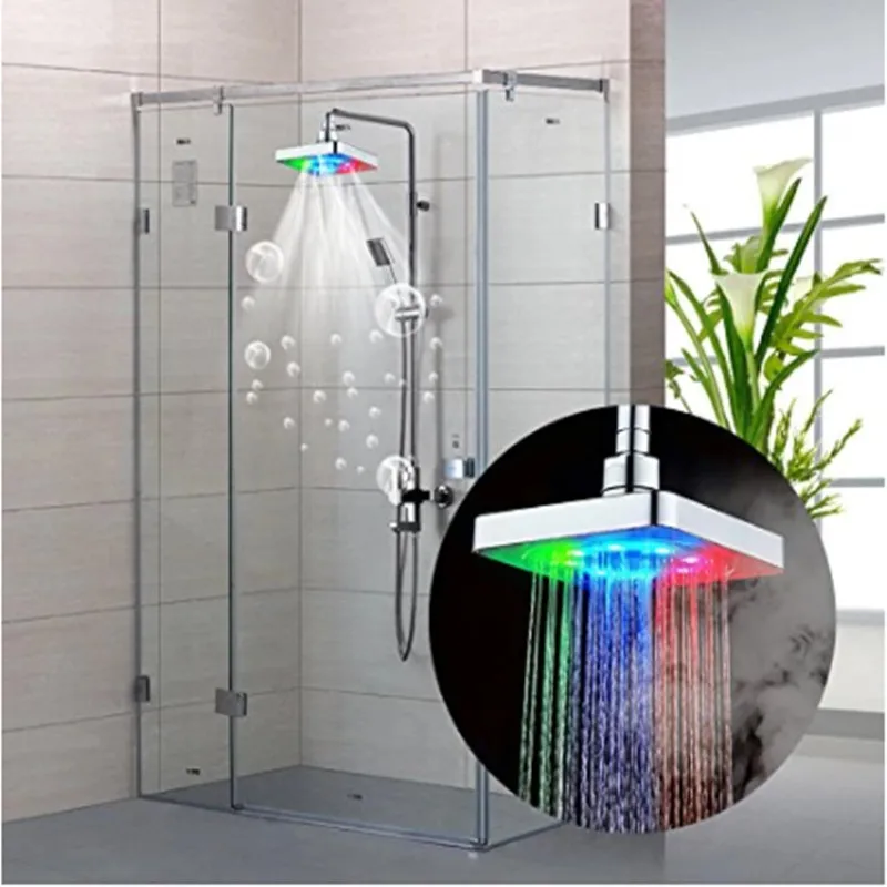 new led rainfall shower head square shower head automatically rgb 7 color changing temperature sensor showerhead for bathroom free global shipping