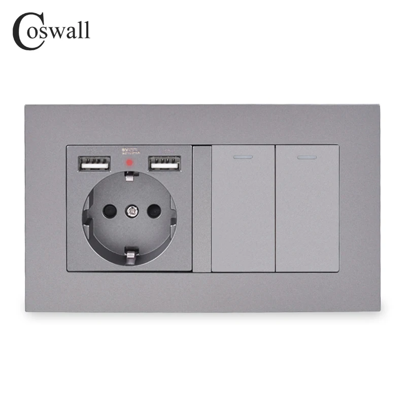 Настенная розетка стандарта ЕС COSWALL с заземлением и 2 USB-портами для зарядки