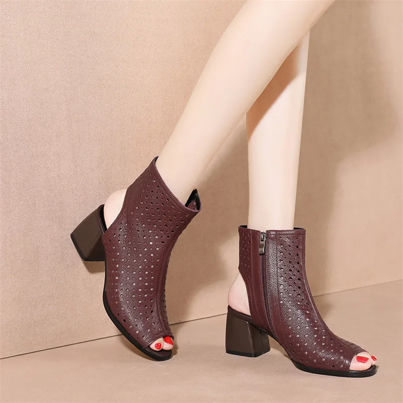 

ANNYMOLI Women Shoes Real Leather High Heel Short Boots Peep Toe Block Heels Zip Ankle Boots Cutouts Lady Boots Autumn Beige 40