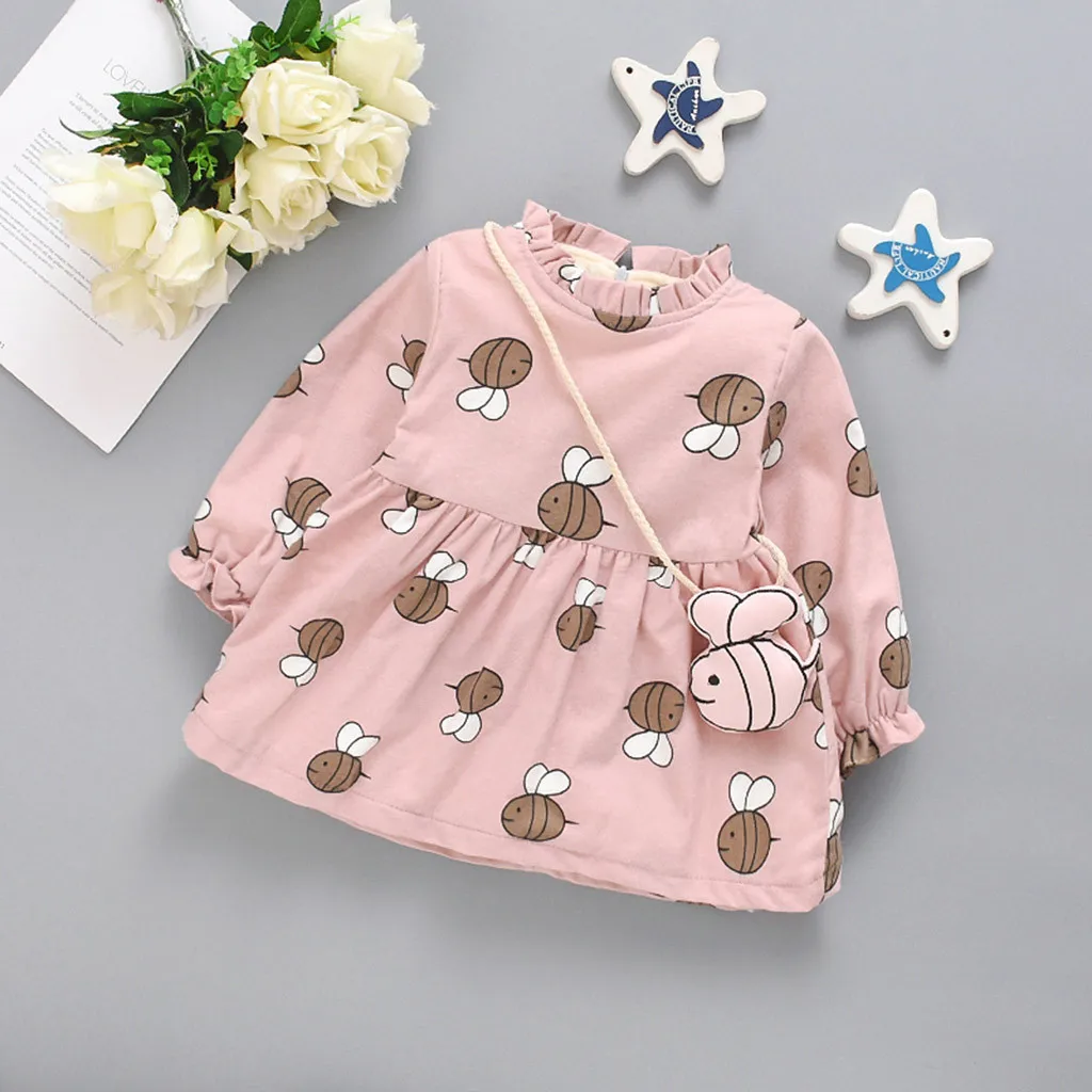 Модное утепленное платье принцессы с длинными рукавами и принтом пчелы для