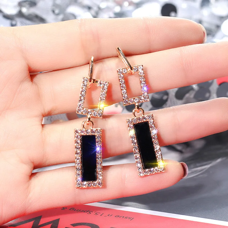 

New Korean temperament versatile simple fashion rectangular rhinestone earrings needle tassel earrings for women girl