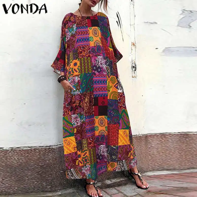 VONDA, женское длинное платье макси размера плюс, осенние платья с длинным рукавом, Платья для вечеринок, свободные богемные сарафаны, элегантное пляжное платье, Femme