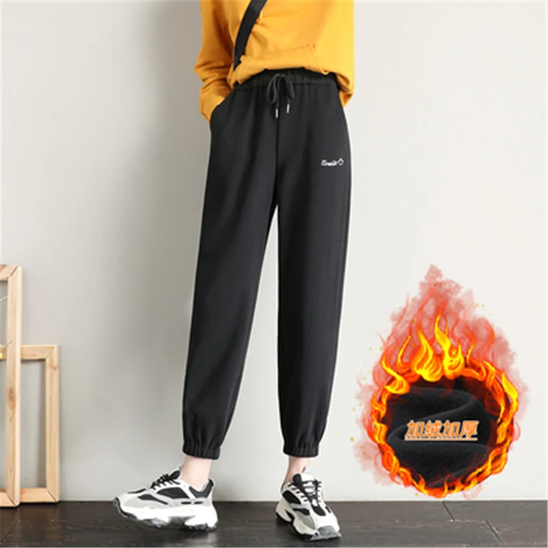 

Track Sweatpants Women's Autumn and Winter Fleece-Lined Thickened Ins Trendy Harajuku Style High Waist Loose Straight Slimming