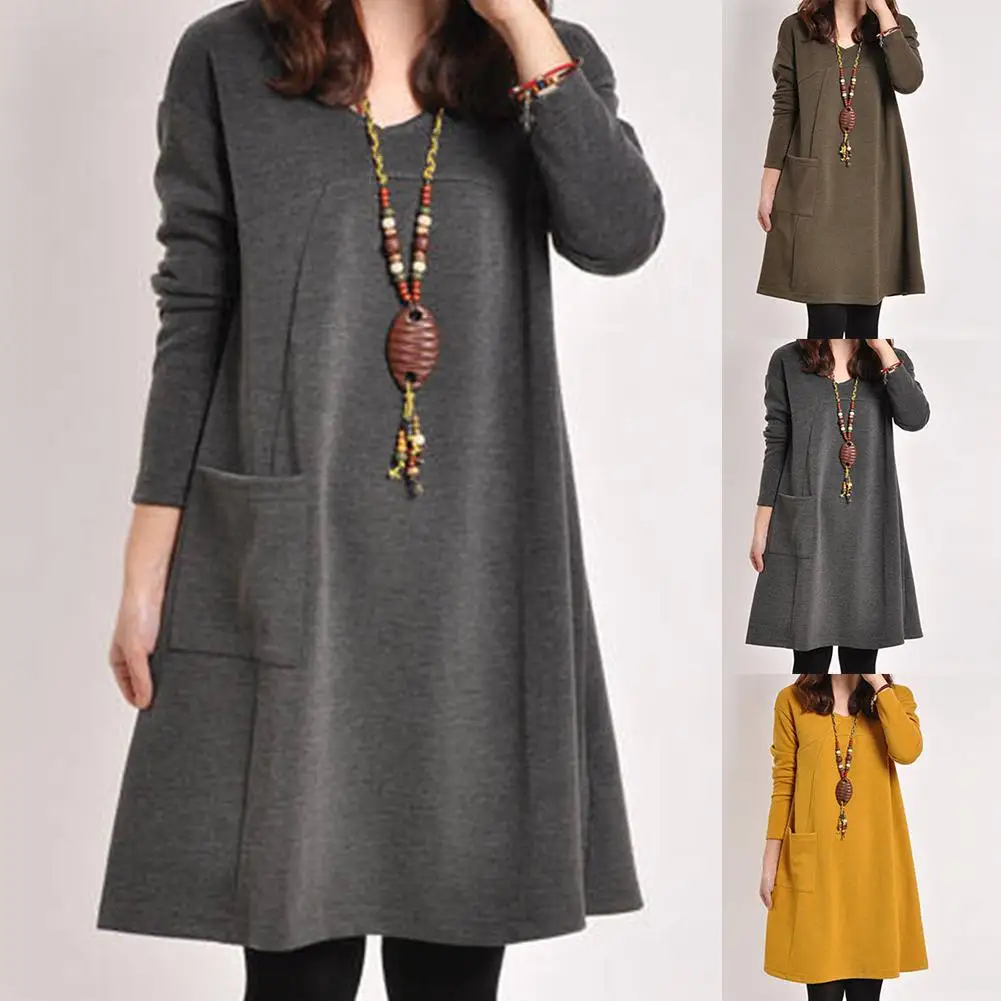 Осенне зимнее платье с круглым вырезом и длинным рукавом однотонное женское