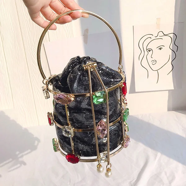 black Цветные кристаллы вечерняя сумочка женская Роскошная ковшовая металлическая Сумка-клатч Дамская Стразы жемчужная сумочка с бисером Свадебная вечеринка - Цвет: black