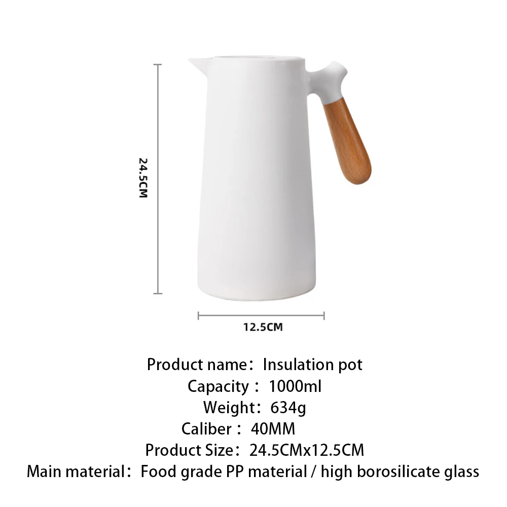 

1pc 1L Home Thermal Flask Coffee Glass Liner Solid Wood Handle Insulation Kettle Kettle Thermos Water Bottles Home Thermal Flask