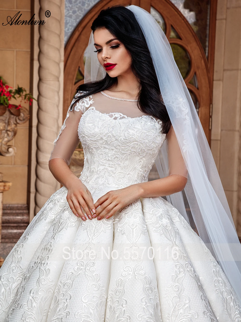 luxury Long Train Lace Princess Wedding Dress With V Neck Romantic Beaded Bride Ball Gown Customer Made Vestidos De Novia