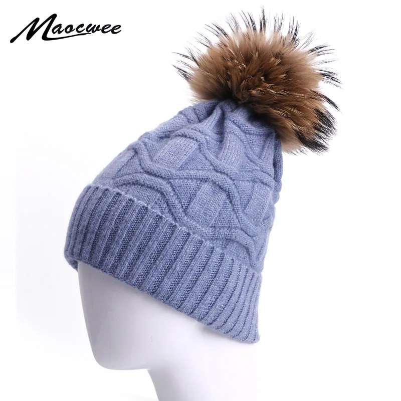 

Women Winter Pom Pom Hat With Real Natural Raccoon Fur Warm Outdoor Knitted Beanies For Women Man Fashion Solid Bonnet Gorra Cap