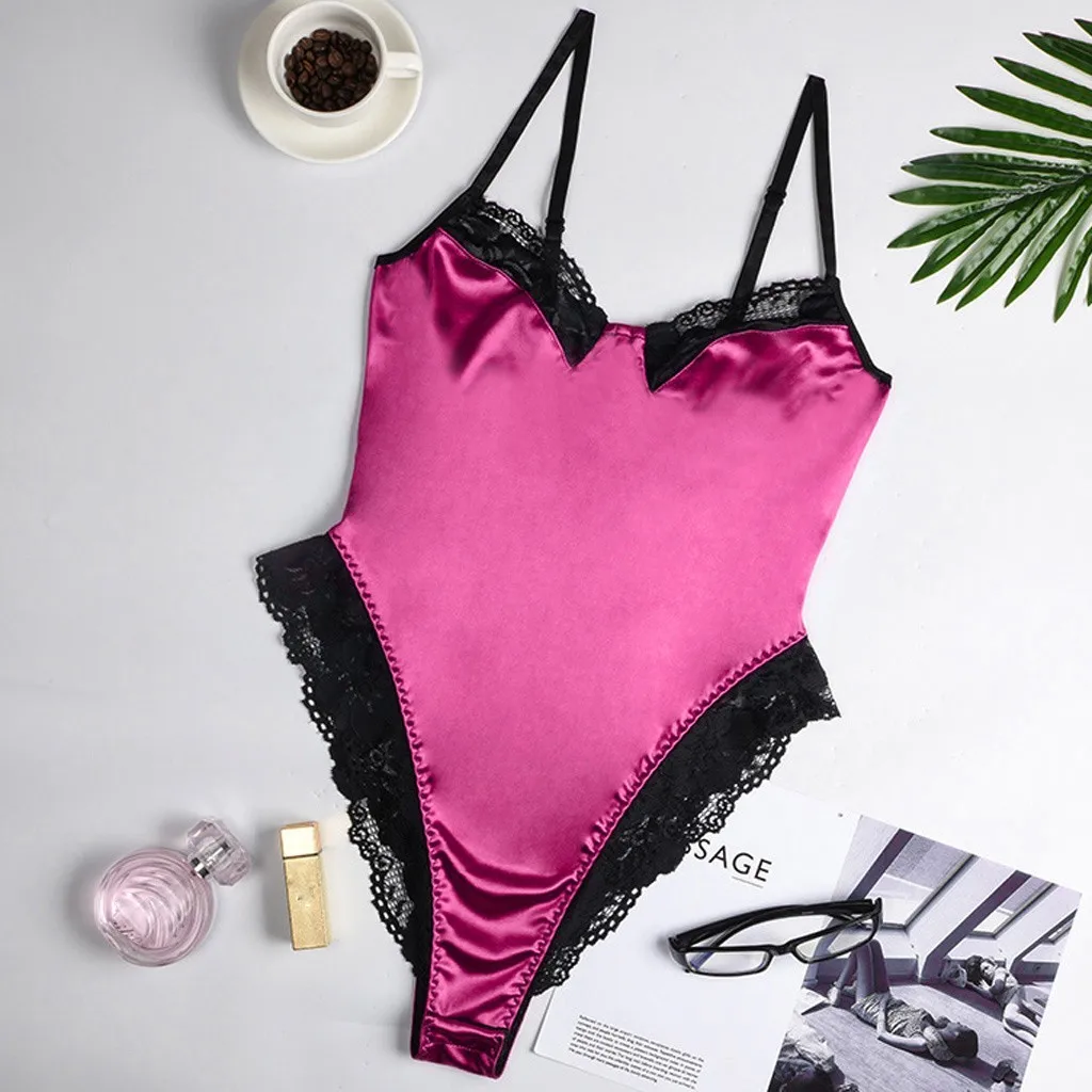 

Lace Patchwork Bodysuit Sexy Backless Jumpsuit Slim Women Satin Tops One Piece Fashion Club Party Bodysuits Skinny Rompers 2021