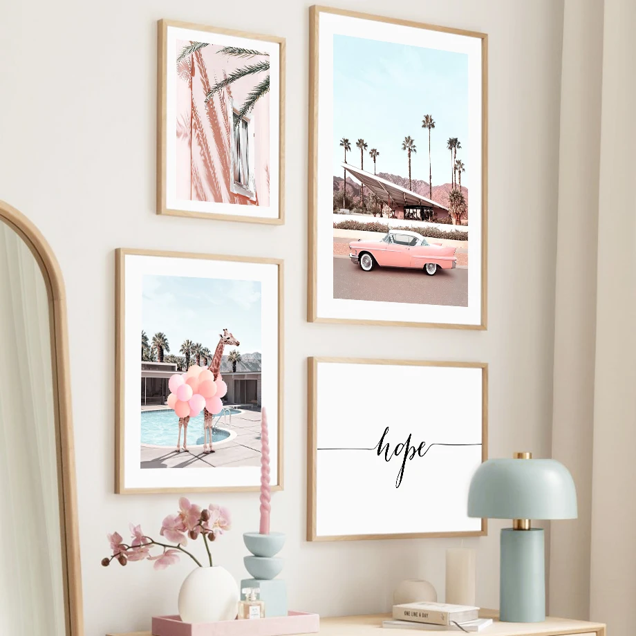 Настенная Картина на холсте с розовым воздушным шаром жирафом автомобилем