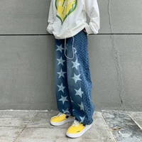 straight wide leg jeans male high street stars embrodiery hip hop streetwear loose baggy pants casual trousers for men and women