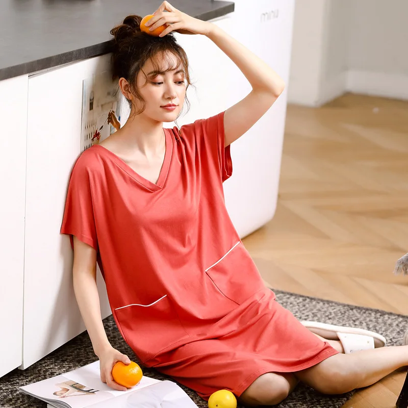 Solid Color Nightdress Women's Summer V-neck Short Sleeve Cotton Mid Length Nightdress Loose Women's All Cotton Home Wear