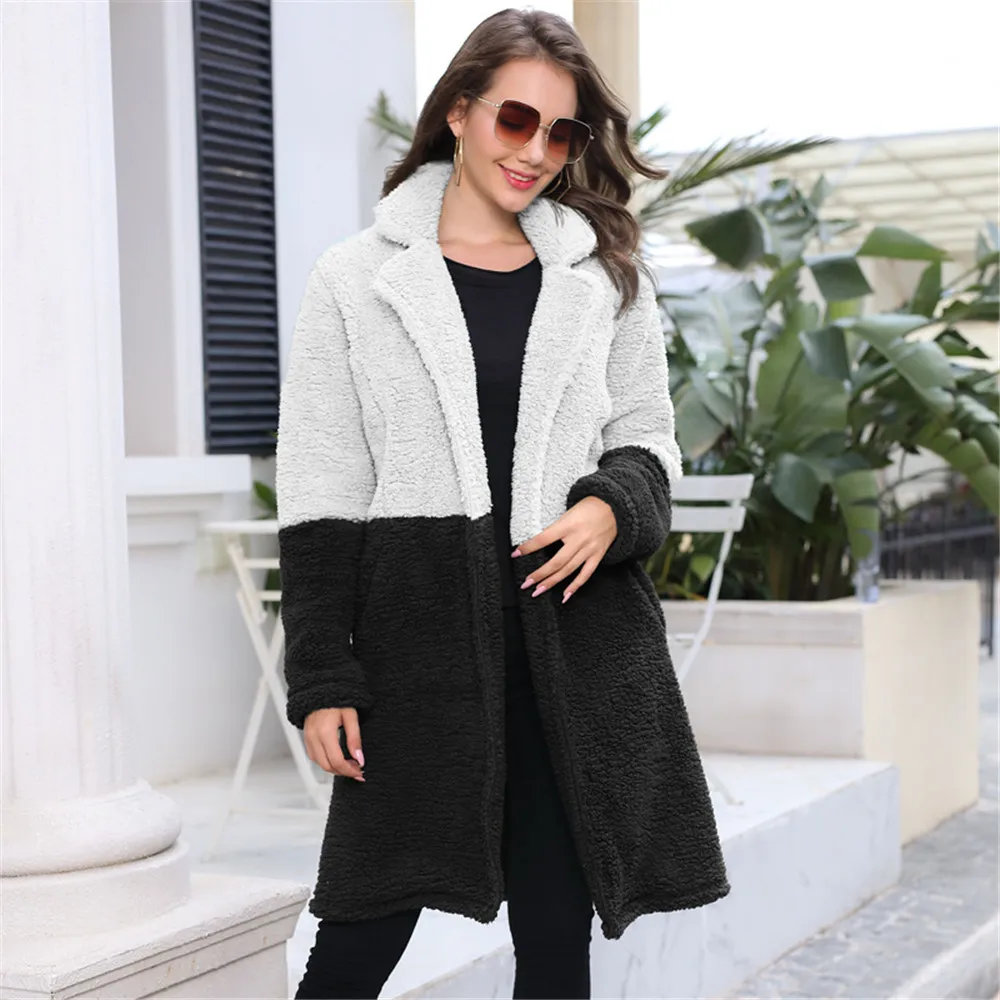 

Womens Jacket Contrast Color Lapel Neck Cardigan Plush Coat Casual Long Sleeve Warm Winter Long Outerwear