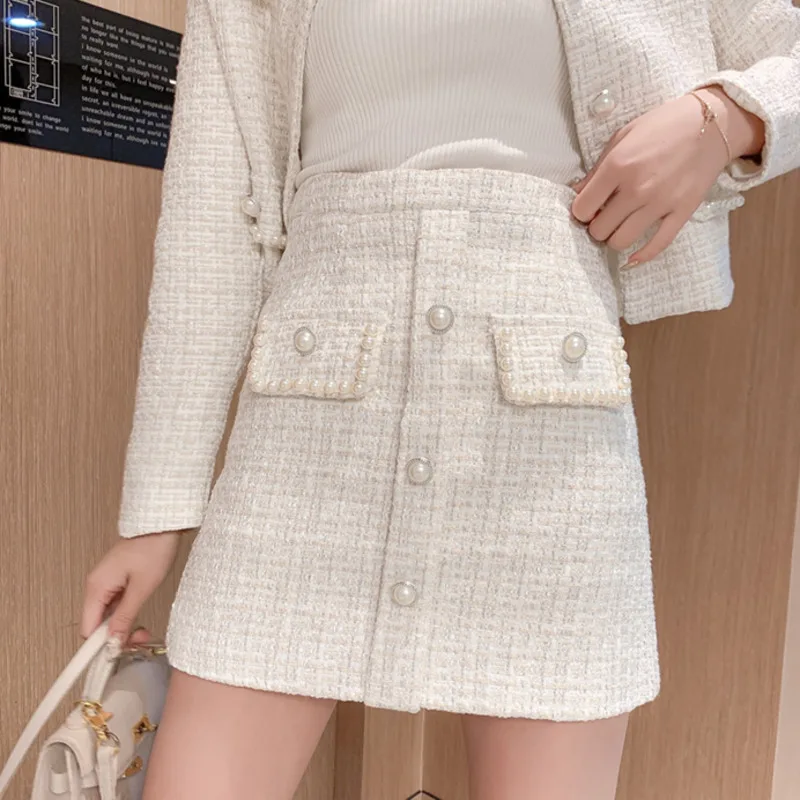 

Winter Tweed Two Piece Set Women Beaded Doll Collar Jacket Coat + High Waist Mini Skirt Suits Lovely 2-Piece Set Women Outfits