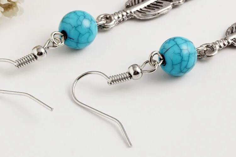 Ретро голубая каменная бусина серьги ювелирные изделия перо для женщин подарок