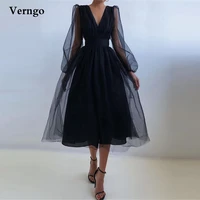 verngo simple blackburgundy tulle evening party dresses long sleeves prom gowns v neck tea length formal dress plus size 2021