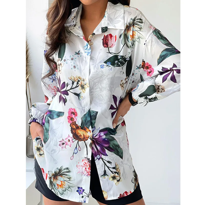 

Spring Autumn Casual Women Lapel Shirt Long Sleeve Fashion Women Shirts Large Size Flowers PrintTops Street New Loose Blouse
