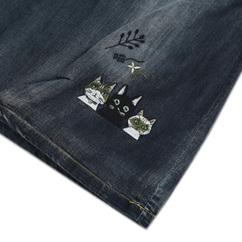 

Women Denim Skirt Sweet Cute Casual Fashion Long Loose Elastic Waist Skirt Embroidery Three Cats Cartoon A09101253