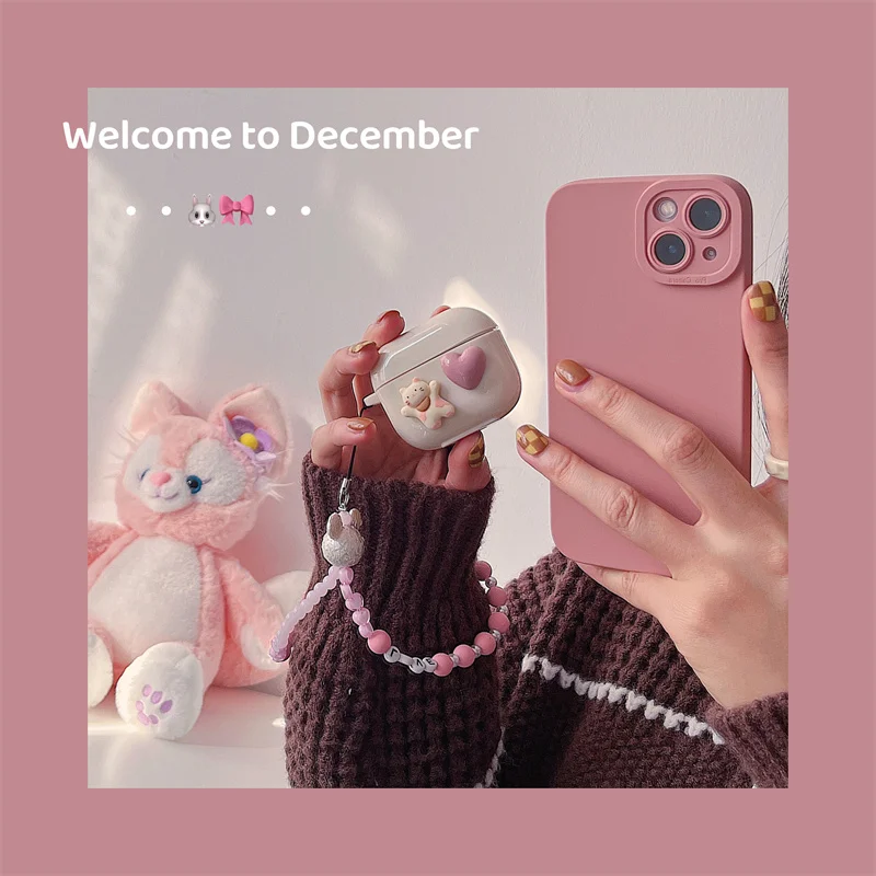 

2021 Soft Wireless Earphone Charging Case For Airpods 3 Cute Cartoon Cat Love Heart Bead Chain Silicone Cover For Airpods 1 2