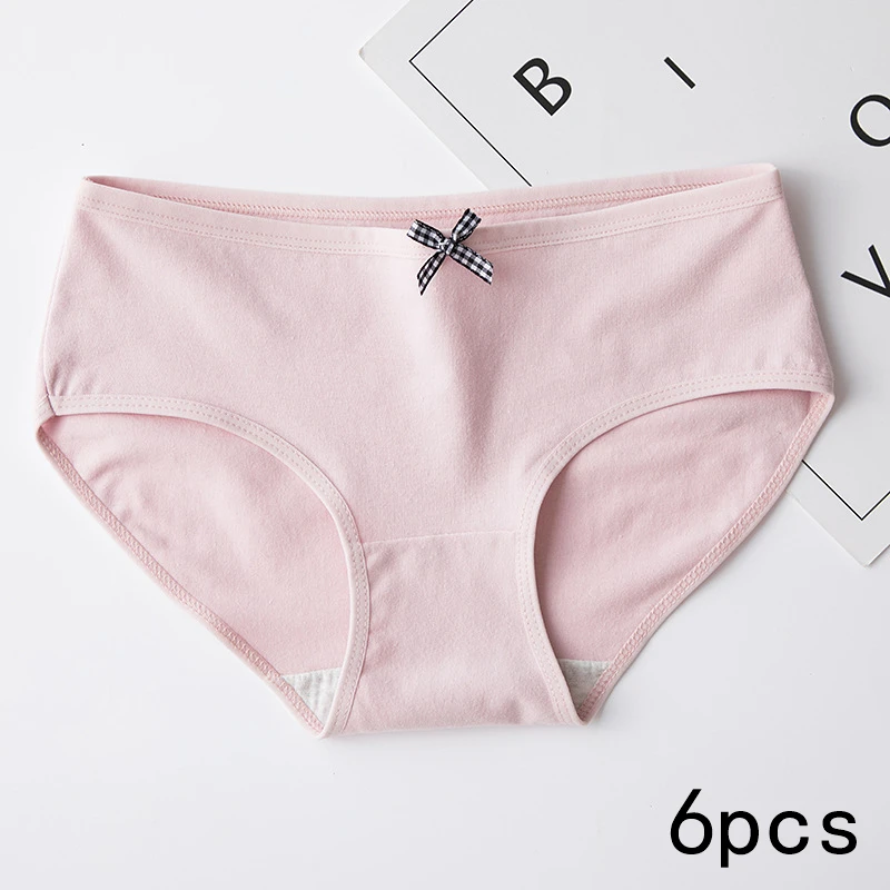 Pink 6 шт., Дамское хлопковое нижнее белье большого размера со средней талией для девушек, летнее тонкое дышащее нижнее белье с бантом, женские хлопковые трусики - Цвет: Pink