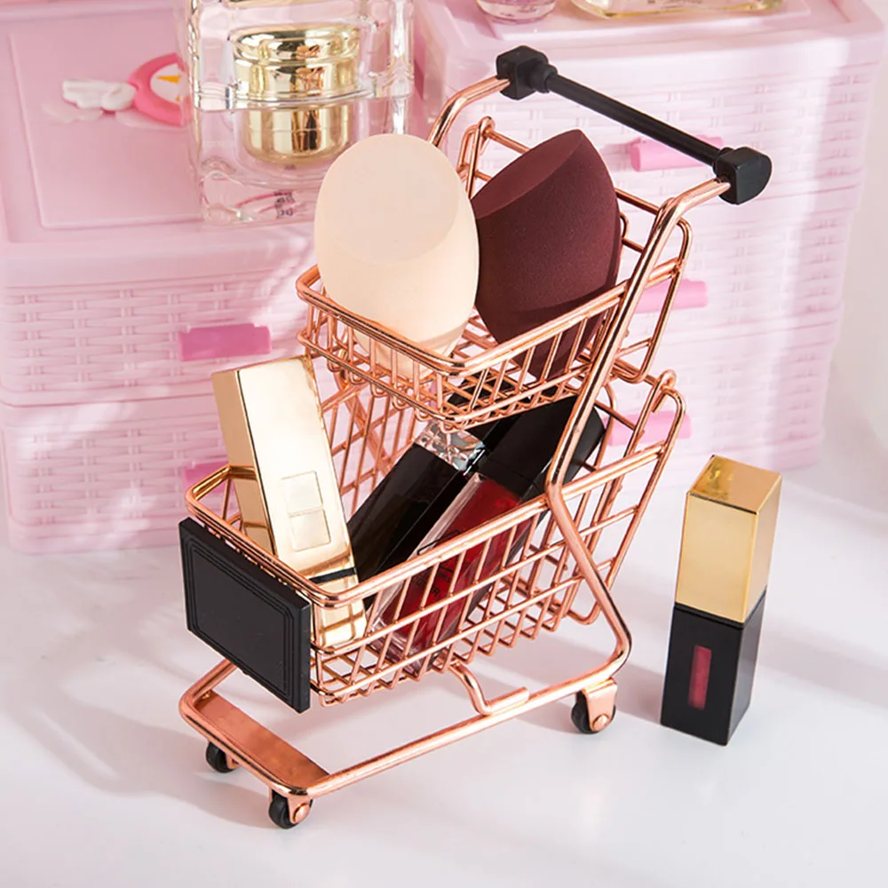 Nordic Mini Storage Basket for Lipstick Cosmetic Egg Vogue Rose Gold Metal Double Layers Shopping Cart Model | Дом и сад