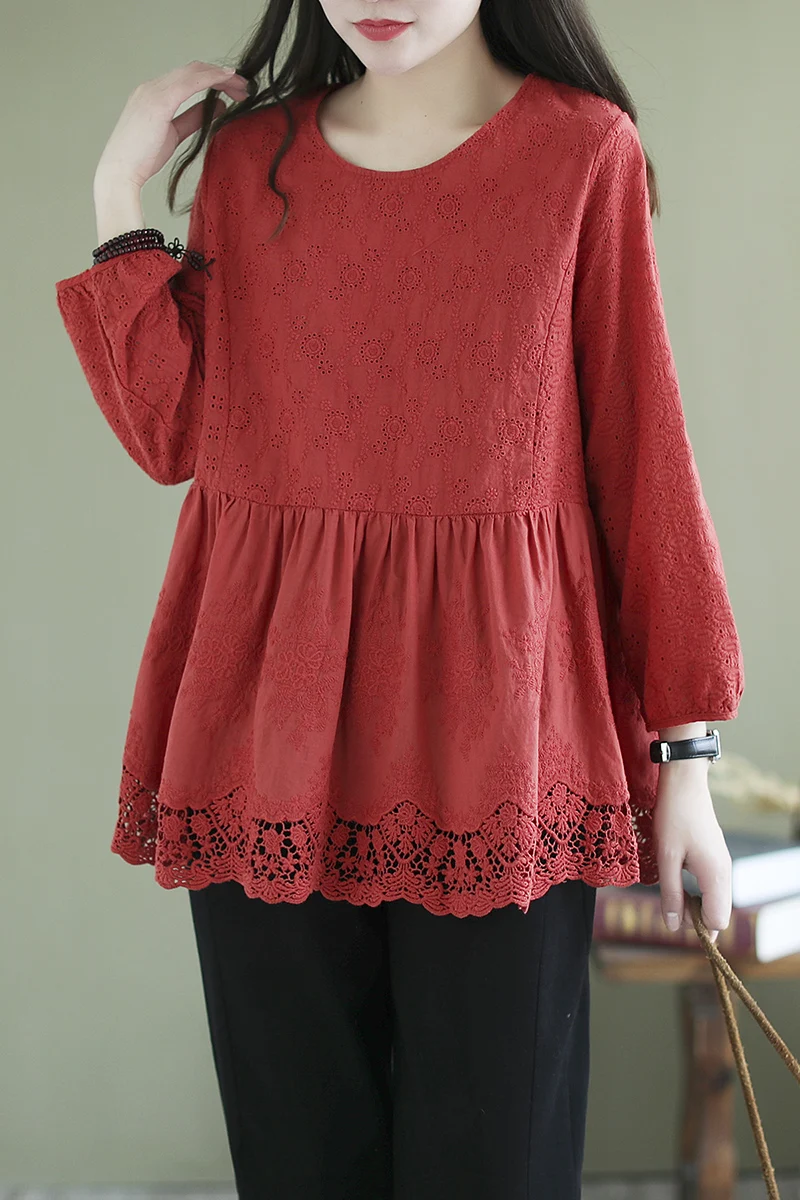 

RETRO long sleeve shirt women's spring new hollow out shirt tops O neck casual wear