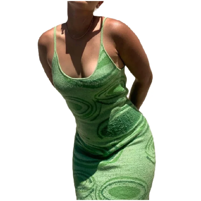 

2021 Print Knit Bodycon Dress Women Green Summer Hollow Out Sexy Sleeveless Spaghetti Strap Beach Midi Dresses Party Long dress