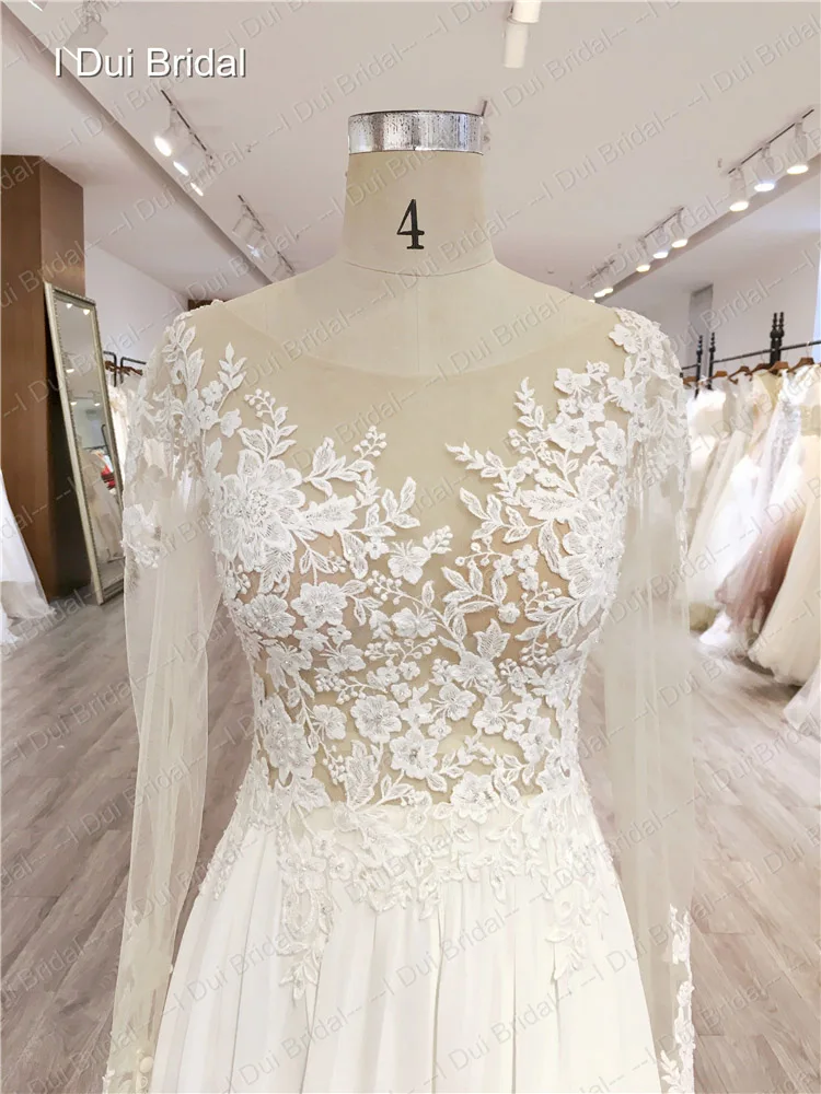 Long Sleeve Illusion Corset Wedding Dress with Floral Lace Appliqued Beaded Chiffon Skirt A Line Bridal Gown