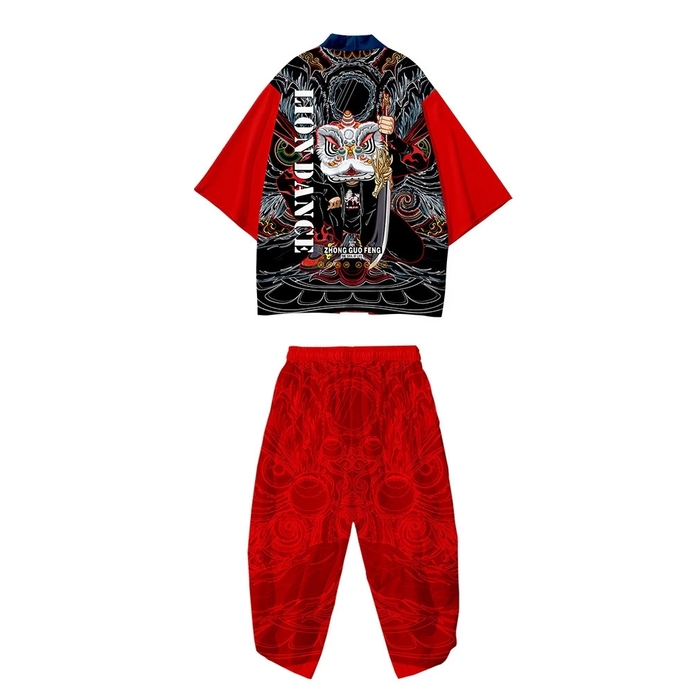

Japanese Kimono Sets Beach Harajuku Men Women Cardigan Haori Asian Clothes Pant Suit Plus Size 5XL 6XL Red Fashion Chinese Lion