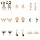 Женские медные серьги-гвоздики ROXI с цветными кристаллами, милые летние ювелирные украшения с короной медведя, бабочкой и звездами