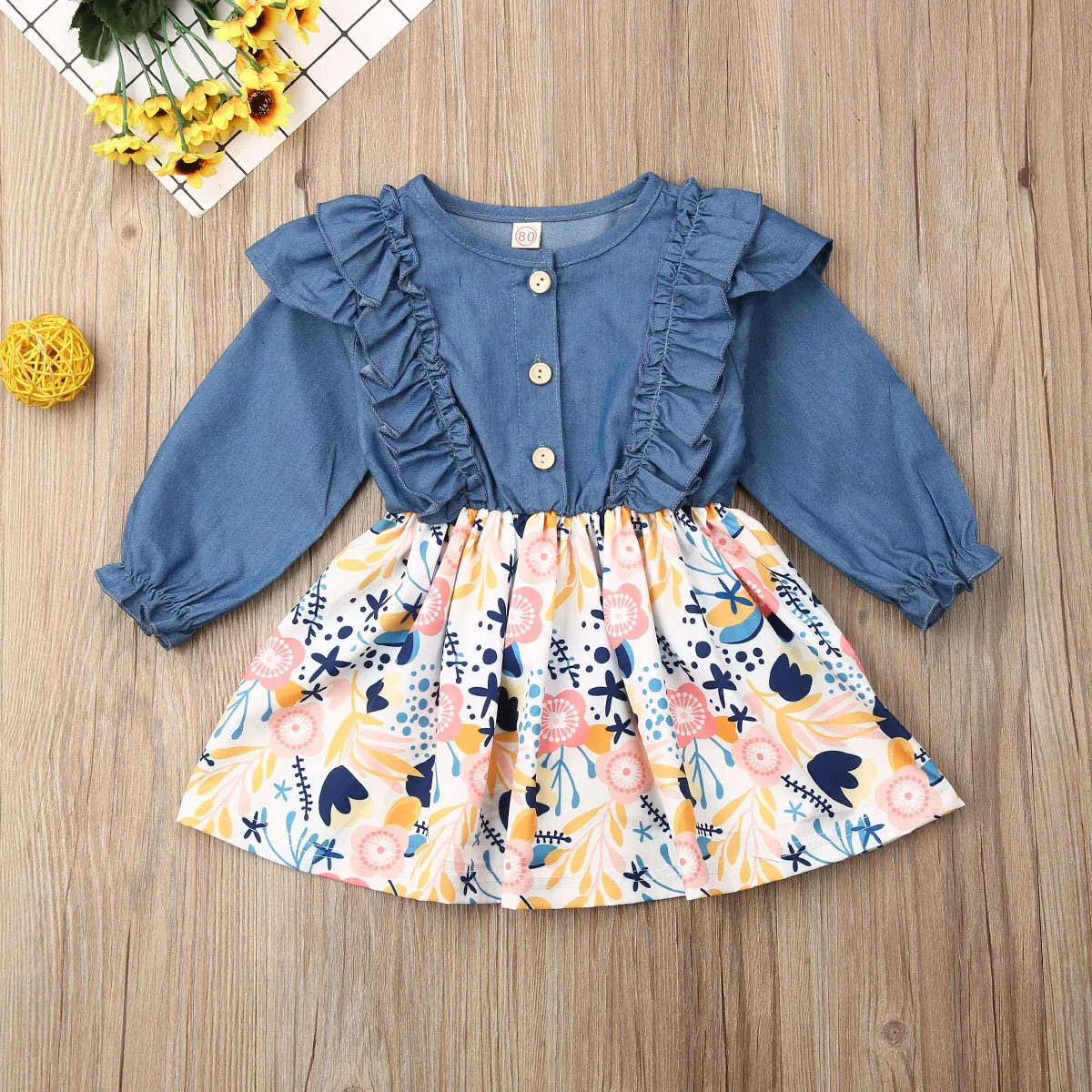 Детское платье-пачка с длинным рукавом оборками и подсолнухами | Детская одежда