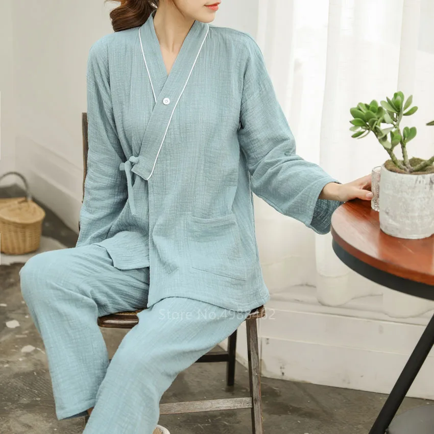 

Japanese Traditional Kimono Yukata Women Men Couple Solid Color Cotton Harajuku Home Long Sleeve Sleepwear Pants Spa Soft Set