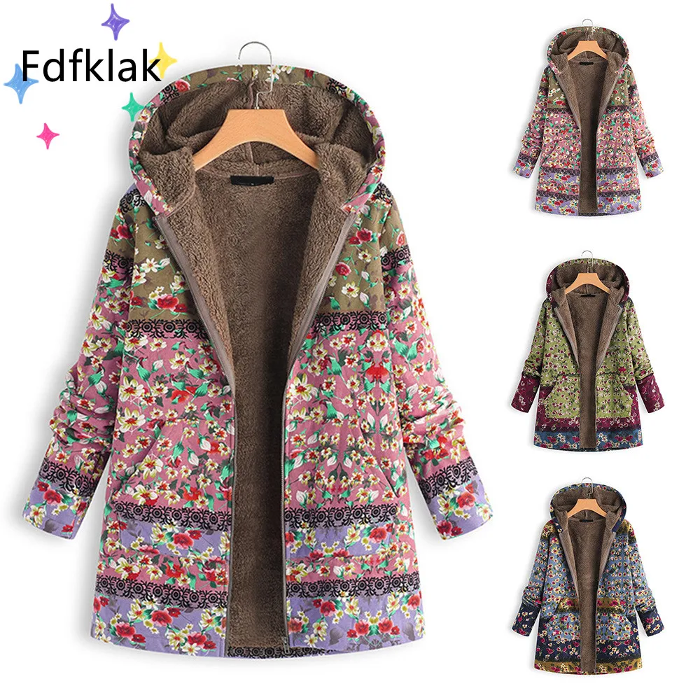 Fdfklak S-5XL Large-Size Cotton Quilted Jacket Mid-Length Printing Oversized Fleece Hoodie Female Coat Winter Warm Floral Parkas