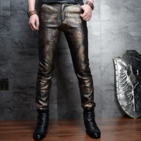 2223 feather printed skinny faux leather pants men gold blue tight pu pants men high quality nightclub joggers men streetwear