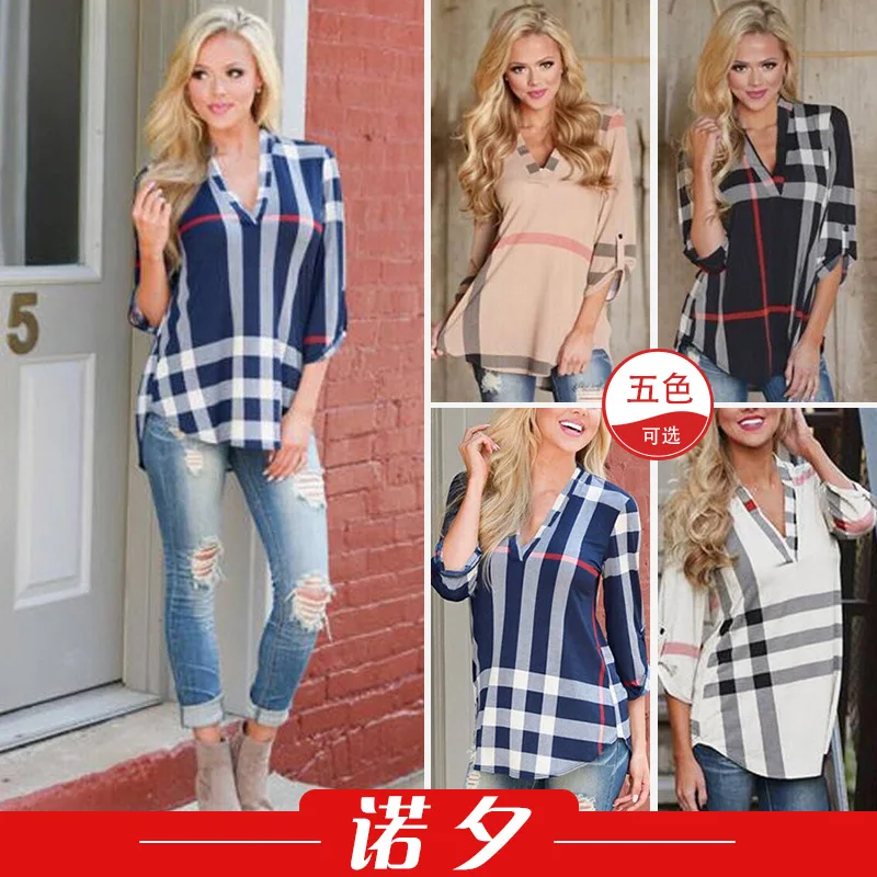 

New spring and autumn Plaid print V-neck Quarter Sleeve Top T-shirt