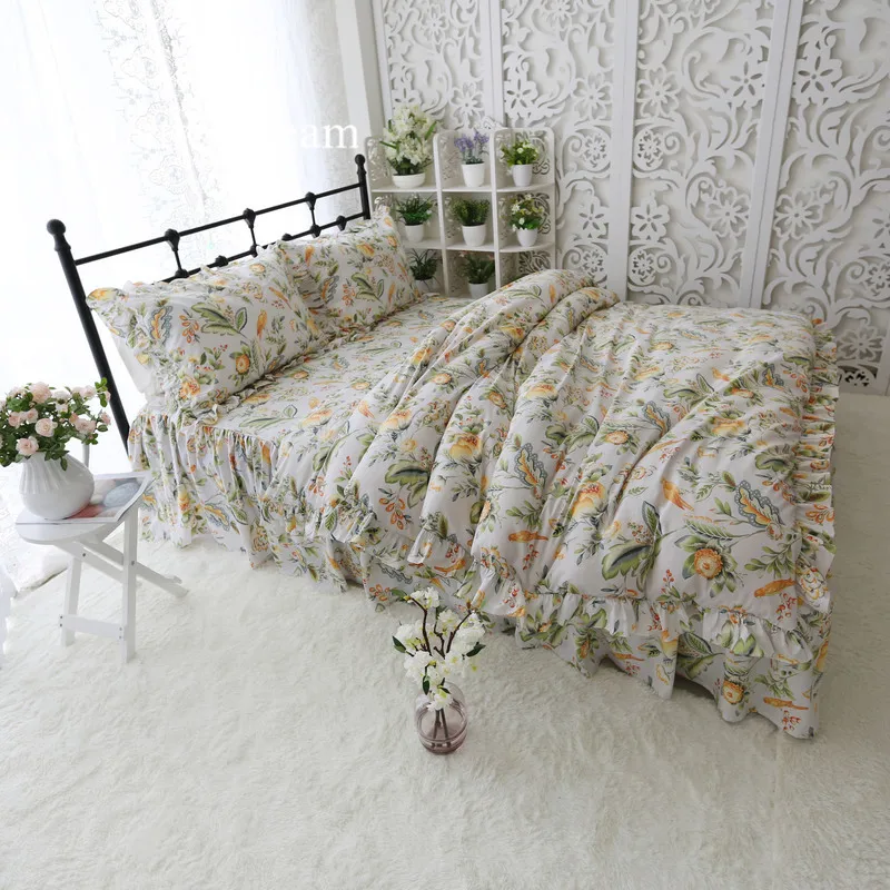 

Pastoral King Size Bedding Set Full Print Princess Bedding Garden Ruffle Duvet Cover Elegant Bed Sheet Available Custom Sale