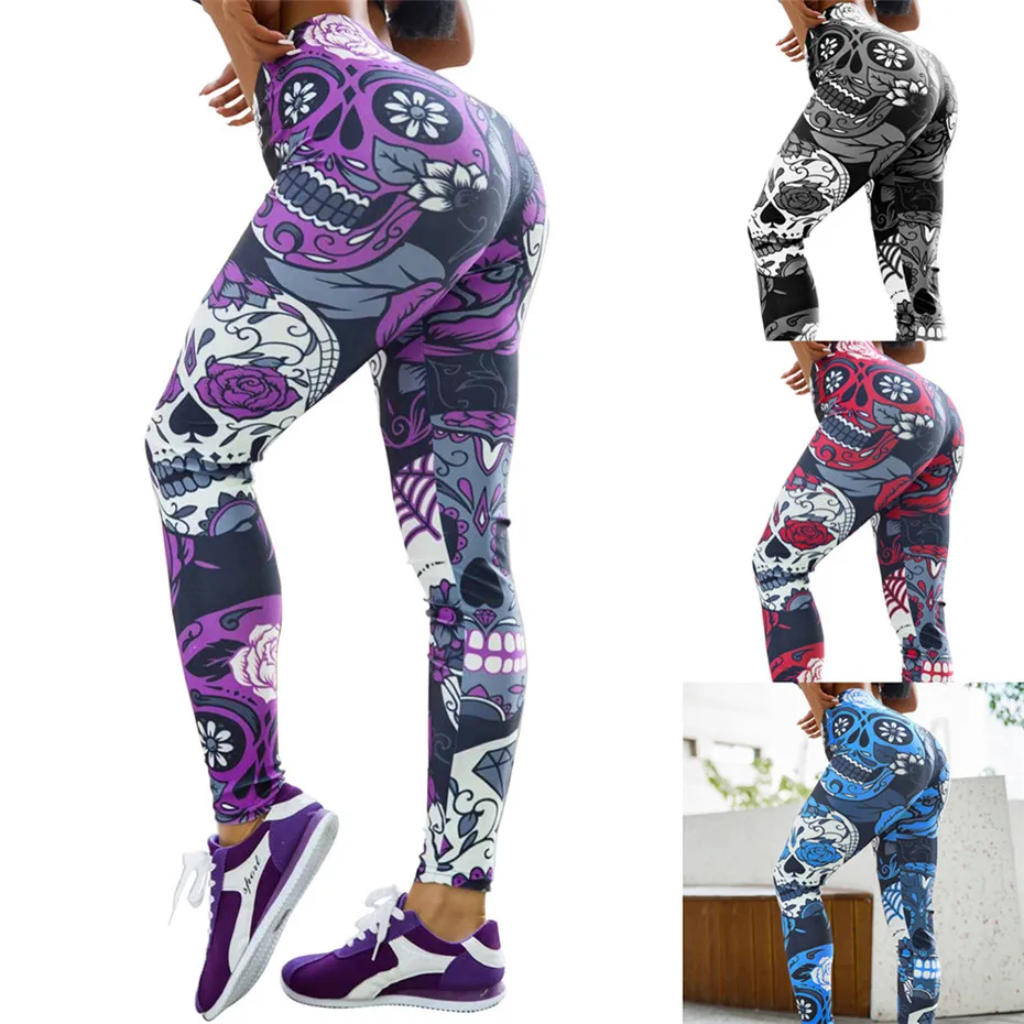 Леггинсы брюки для йоги с черепом женские спортивные штаны фитнеса бега
